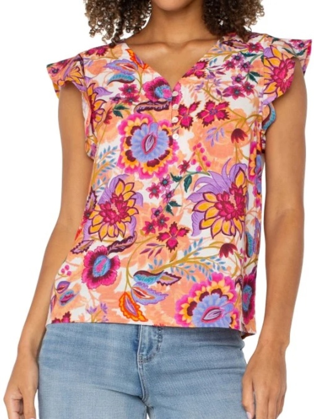 Liverpool Orange Multi Floral Flutter Sleeve V-Neck Top